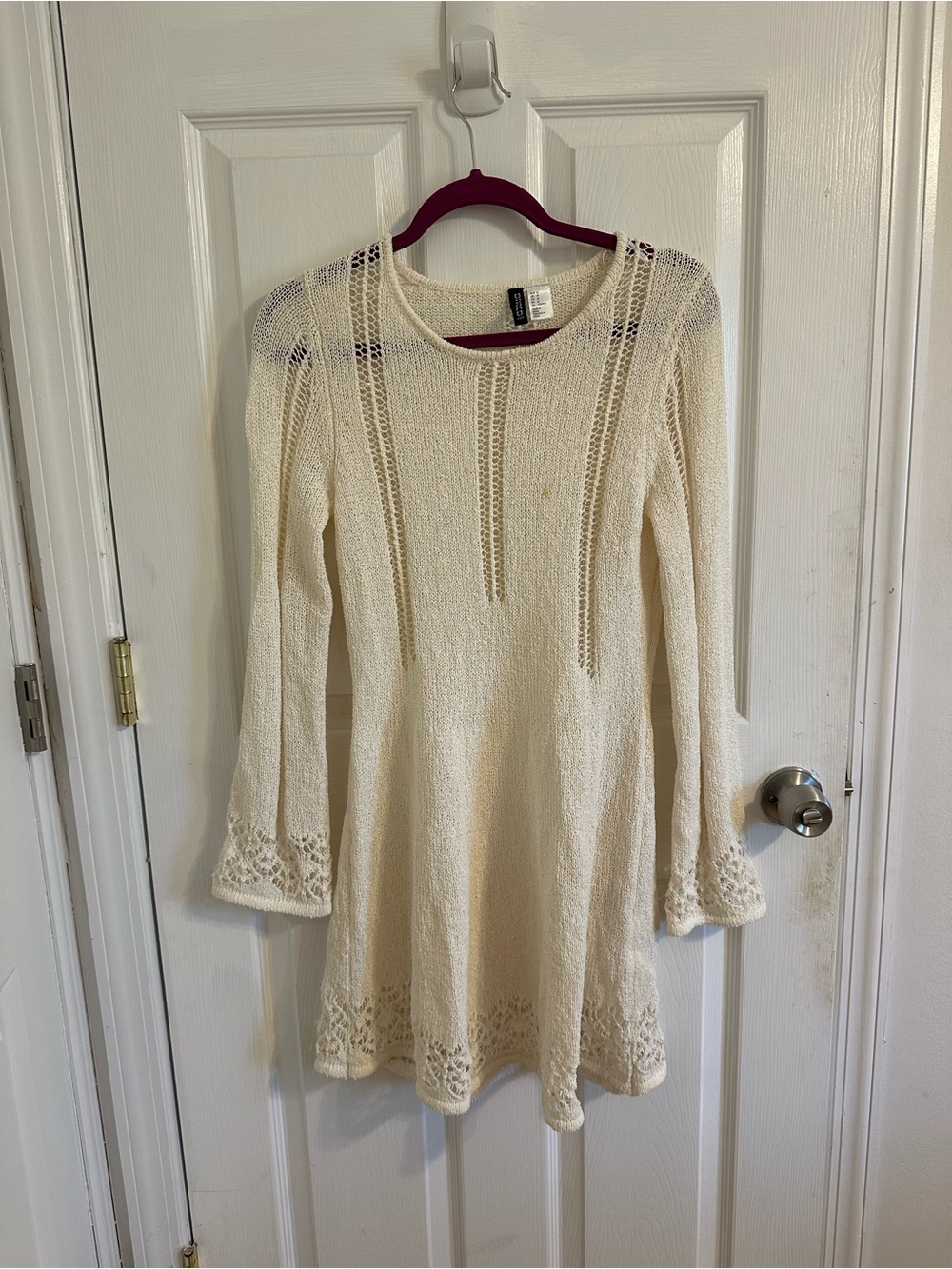 H&M Cream Open-Knit Lace-Trim Sweater Dress